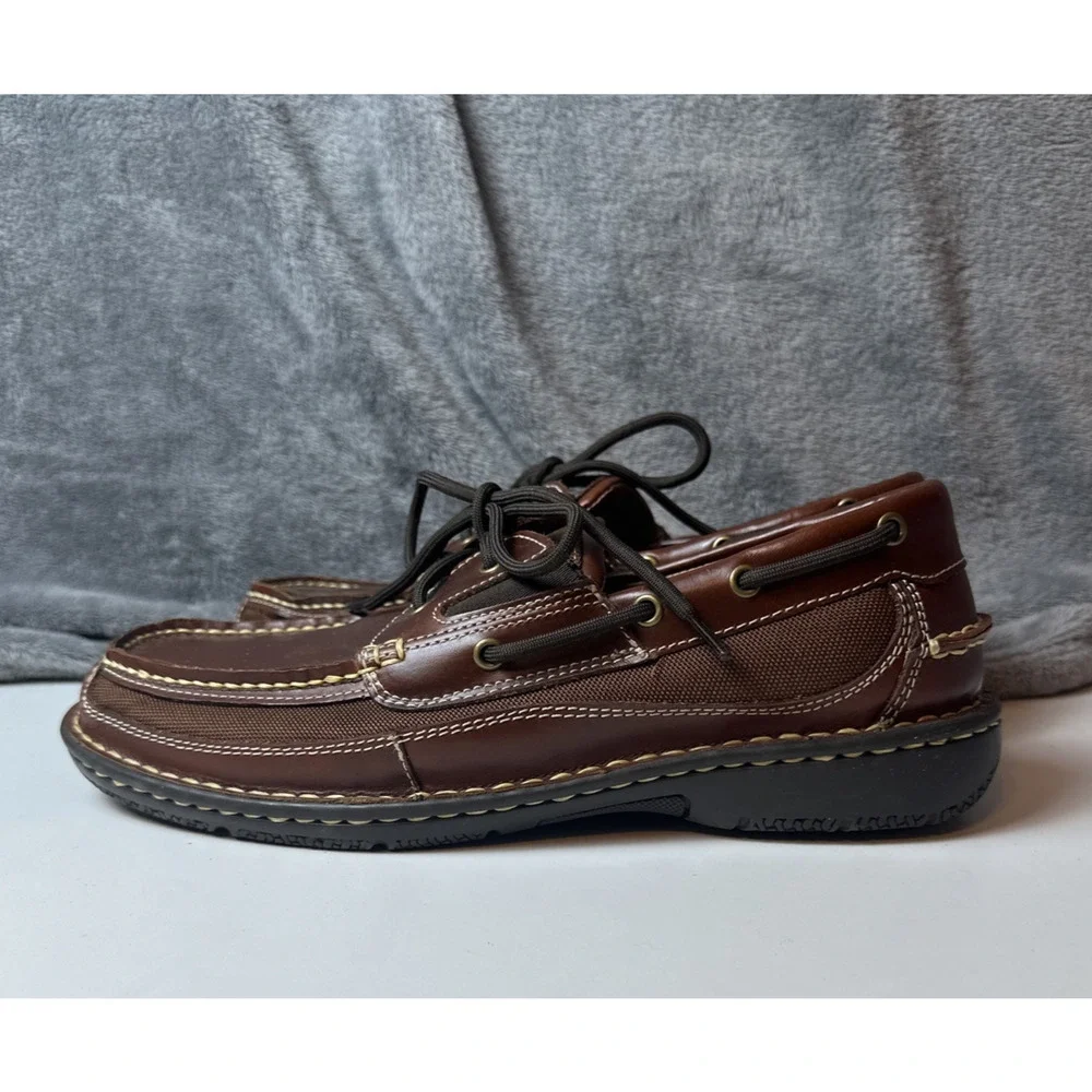 Jos. A. Bank Mens Brown Leather Boat Loafer Shoes Lace Up Rubber Sole SlipOn 9.5